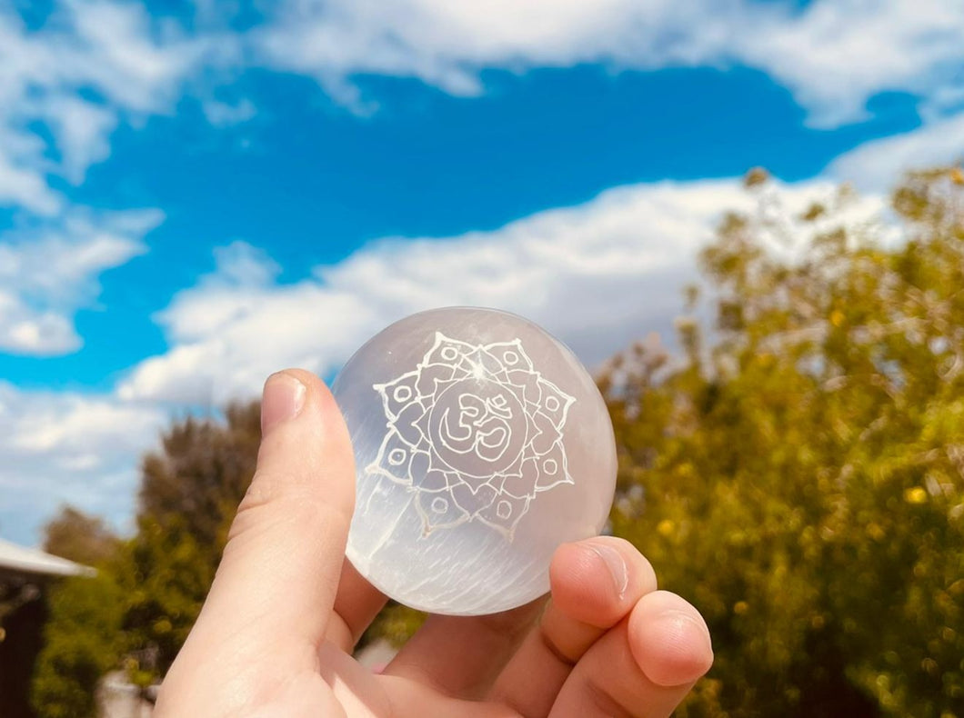 Selenite  Sphere Om Carving